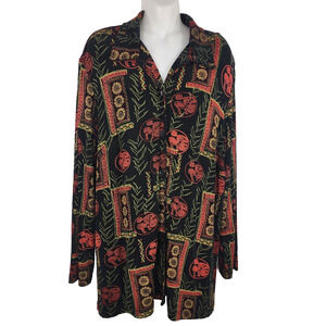 Coldwater Creek Women Shirt Slinky Travel Knit Button Up Floral Black Coral 2X